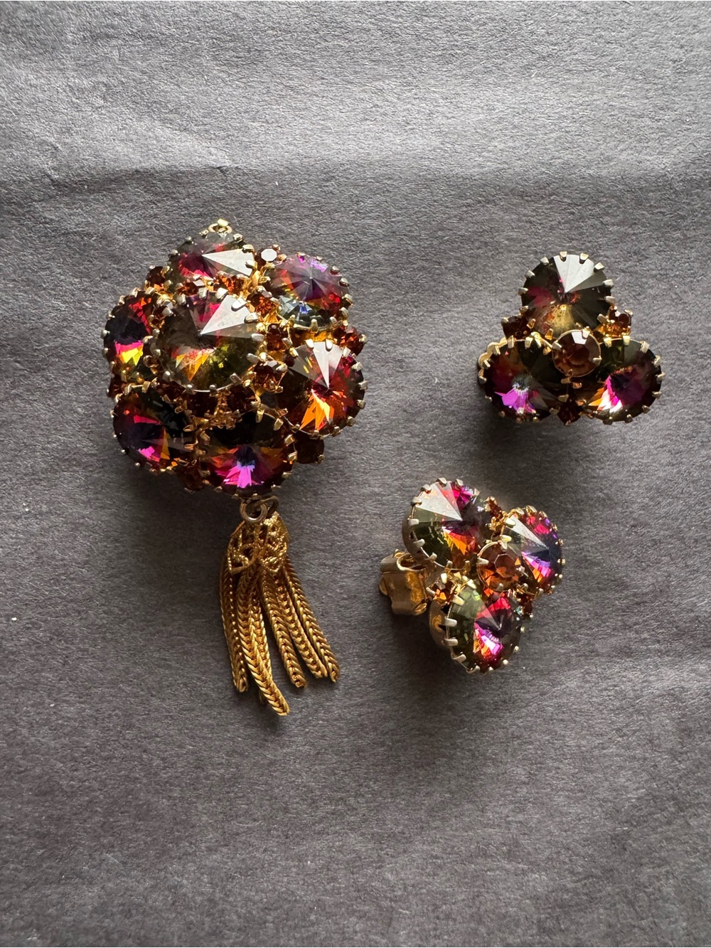 Vintage gold orange watermelon ravioli glass brooch and earring set